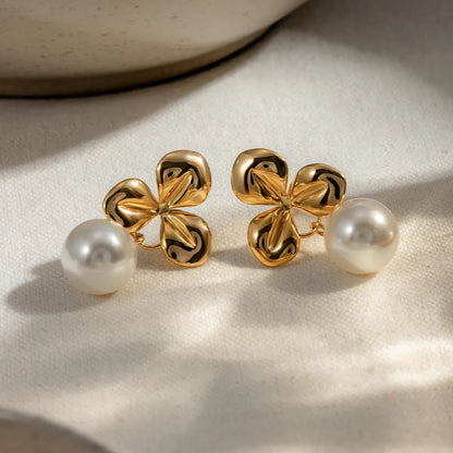 1 Pair IG Style Simple Style Classic Style Shamrock Plating 304 Stainless Steel Imitation Pearl 18K Gold Plated Drop Earrings