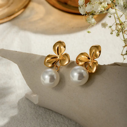 1 Pair IG Style Simple Style Classic Style Shamrock Plating 304 Stainless Steel Imitation Pearl 18K Gold Plated Drop Earrings