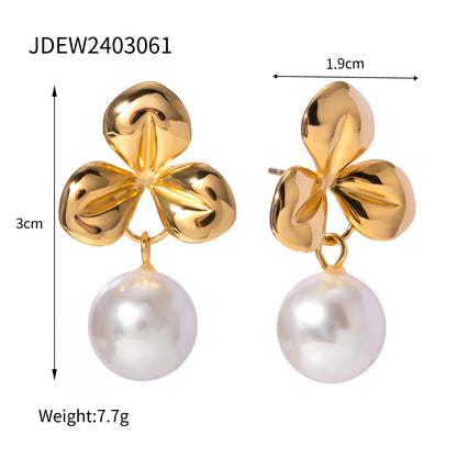 1 Pair IG Style Simple Style Classic Style Shamrock Plating 304 Stainless Steel Imitation Pearl 18K Gold Plated Drop Earrings