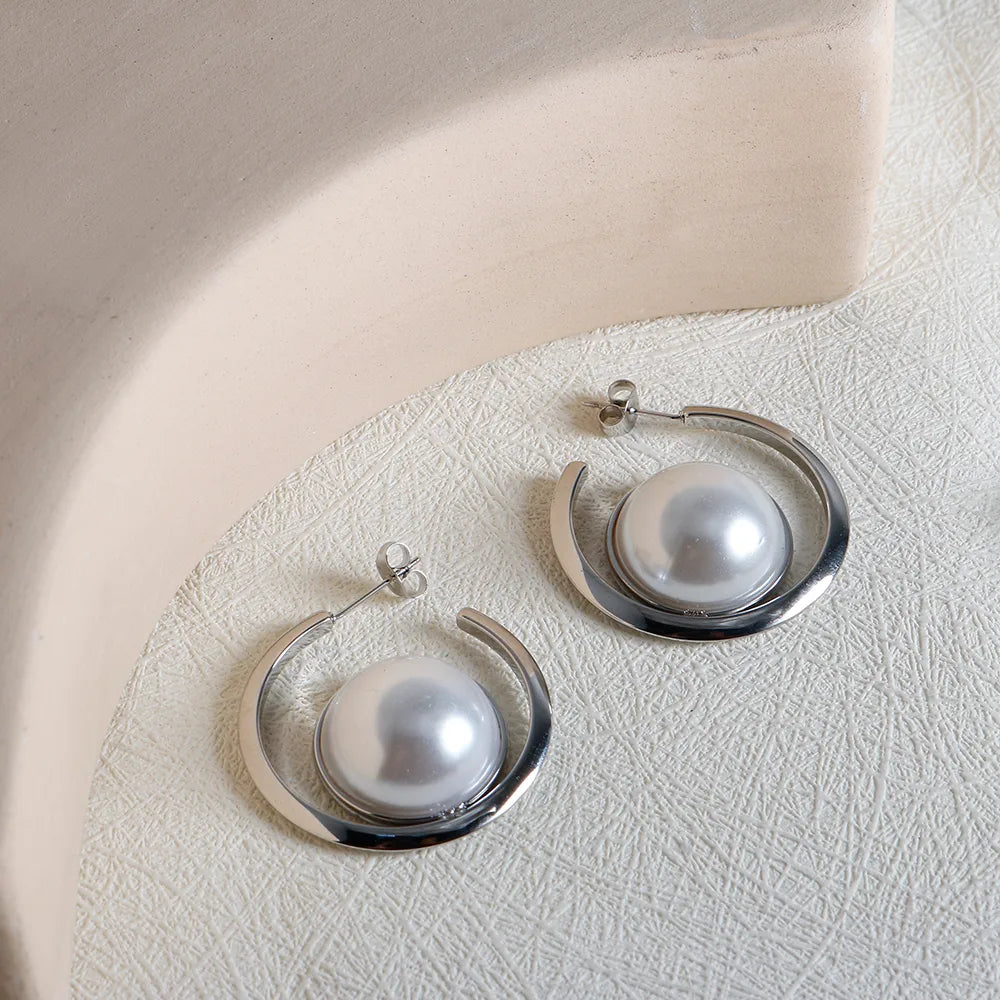 1 Pair IG Style Simple Style Commute Round Inlay 304 Stainless Steel Pearl Ear Studs