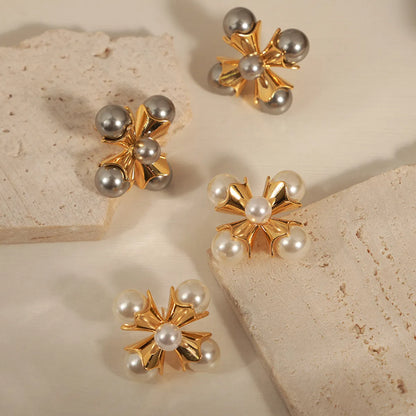 1 Pair Ig Style Simple Style Cross Plating Inlay Copper Artificial Pearls 18k Gold Plated Ear Studs