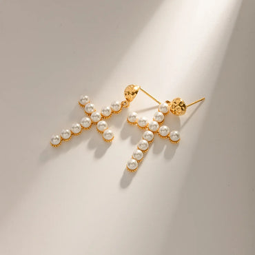 1 Pair IG Style Simple Style Cross Plating Inlay 304 Stainless Steel Pearl Drop Earrings