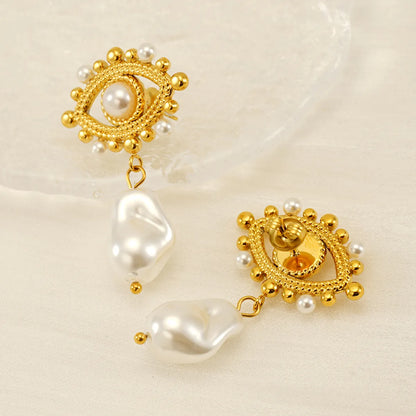 1 Pair IG Style Simple Style Eye Inlay 304 Stainless Steel Artificial Pearls 18K Gold Plated Drop Earrings