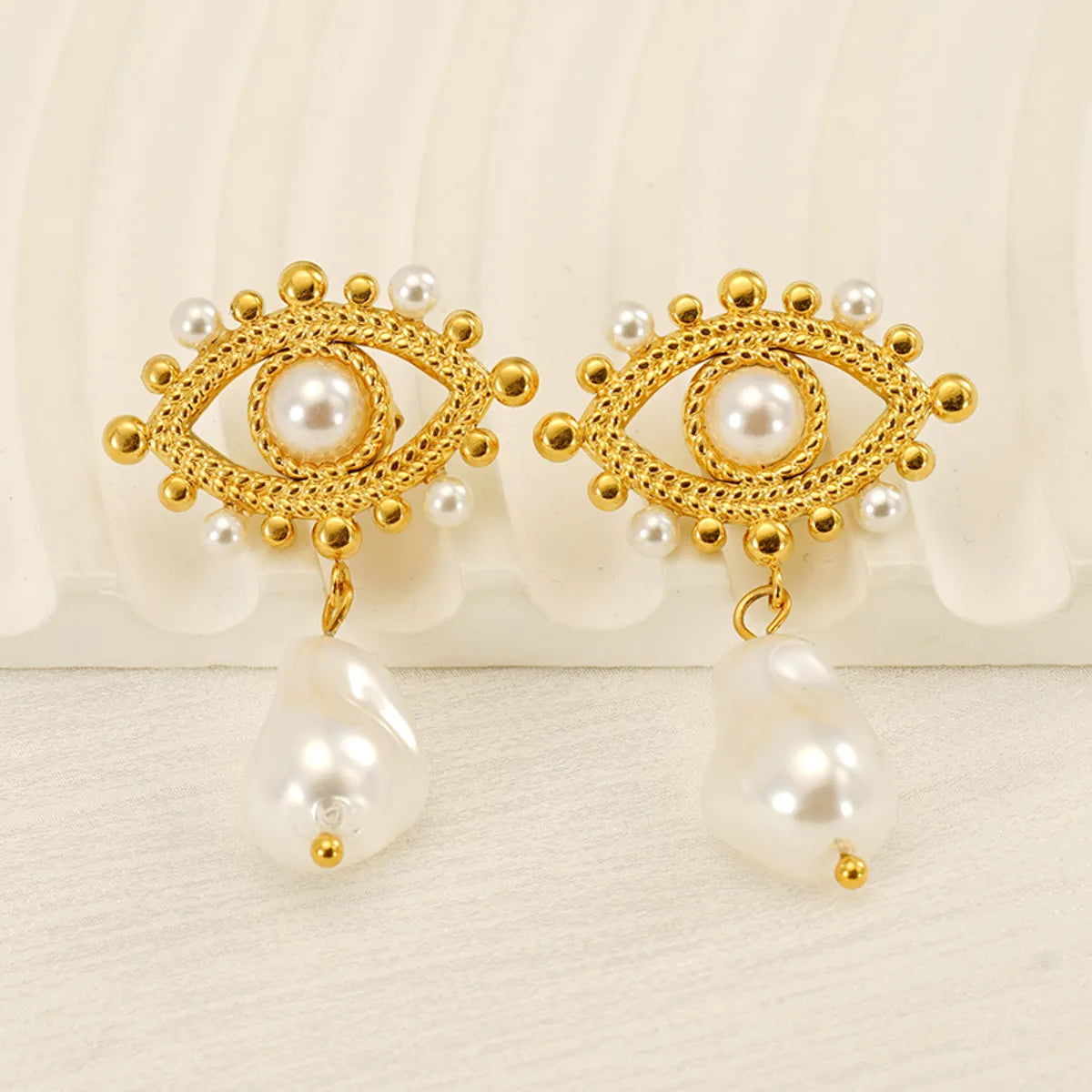 1 Pair IG Style Simple Style Eye Inlay 304 Stainless Steel Artificial Pearls 18K Gold Plated Drop Earrings