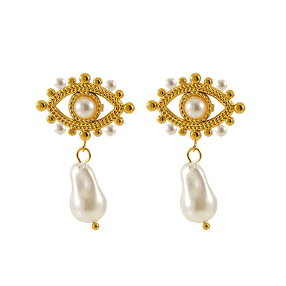 1 Pair IG Style Simple Style Eye Inlay 304 Stainless Steel Artificial Pearls 18K Gold Plated Drop Earrings