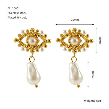 1 Pair IG Style Simple Style Eye Inlay 304 Stainless Steel Artificial Pearls 18K Gold Plated Drop Earrings