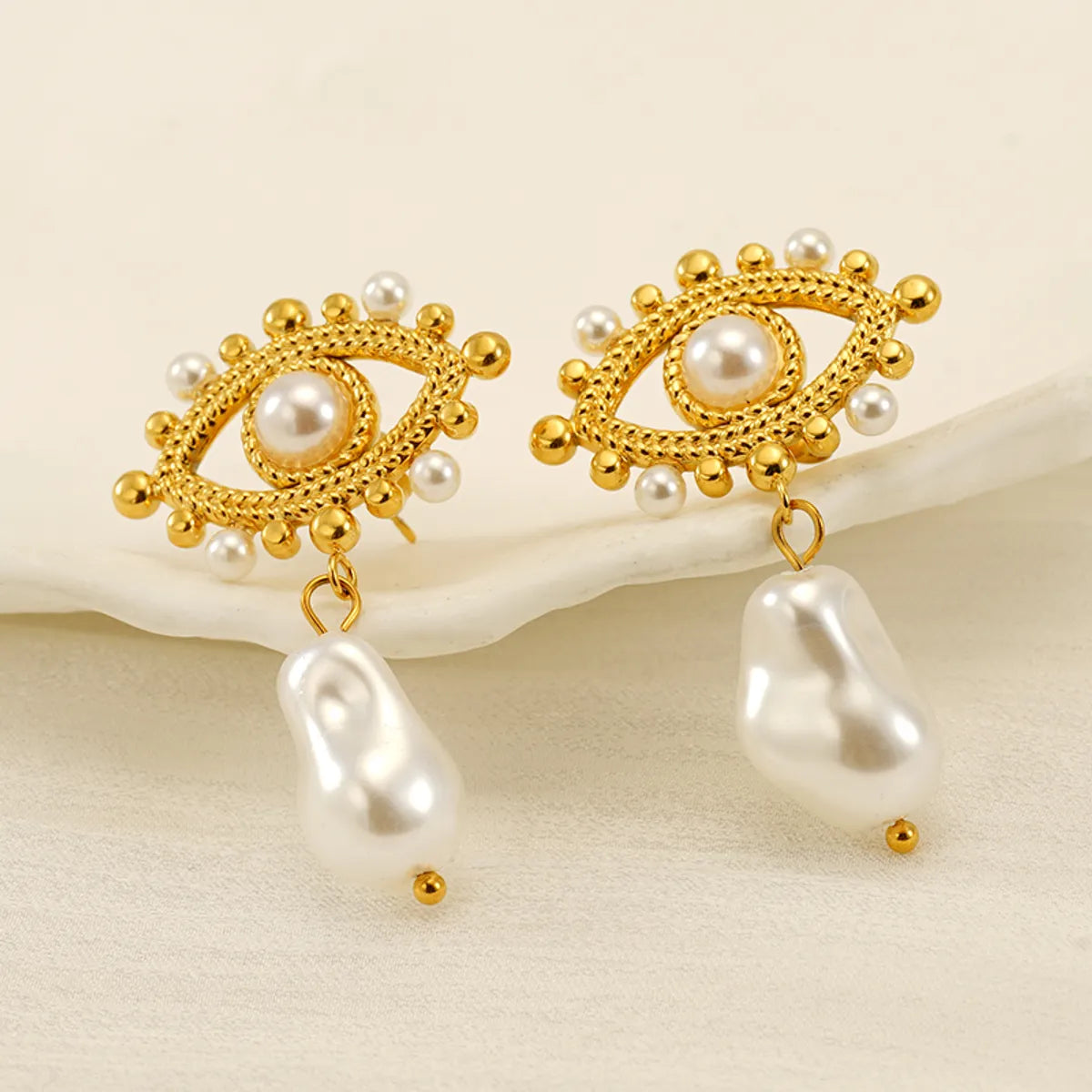 1 Pair IG Style Simple Style Eye Inlay 304 Stainless Steel Artificial Pearls 18K Gold Plated Drop Earrings