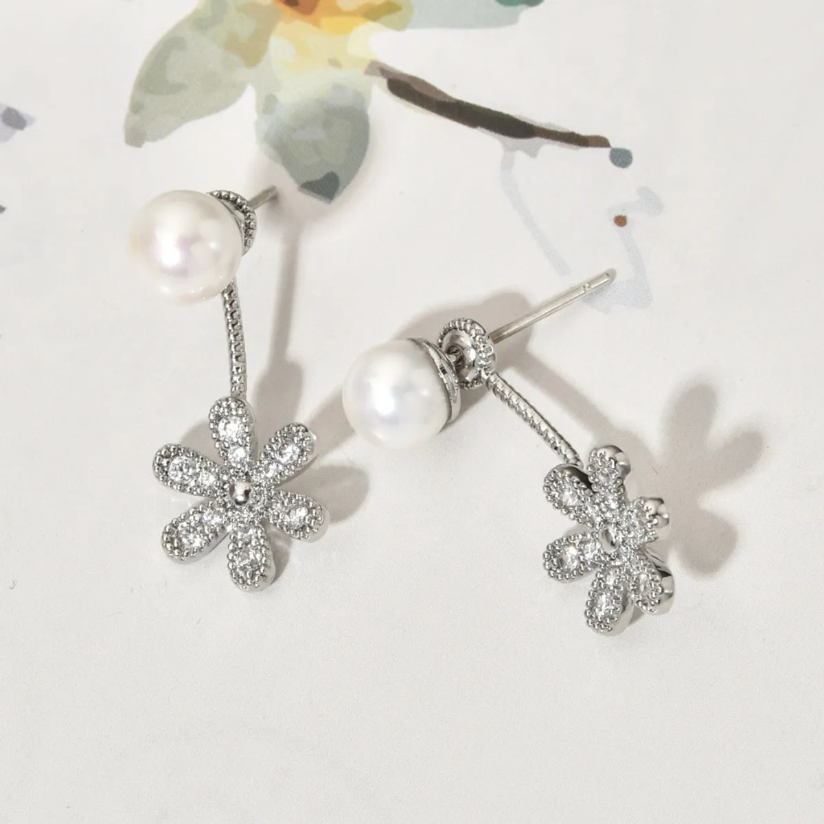 1 Pair Ig Style Simple Style Flower Plating Inlay Copper Artificial Pearls Zircon White Gold Plated Ear Studs