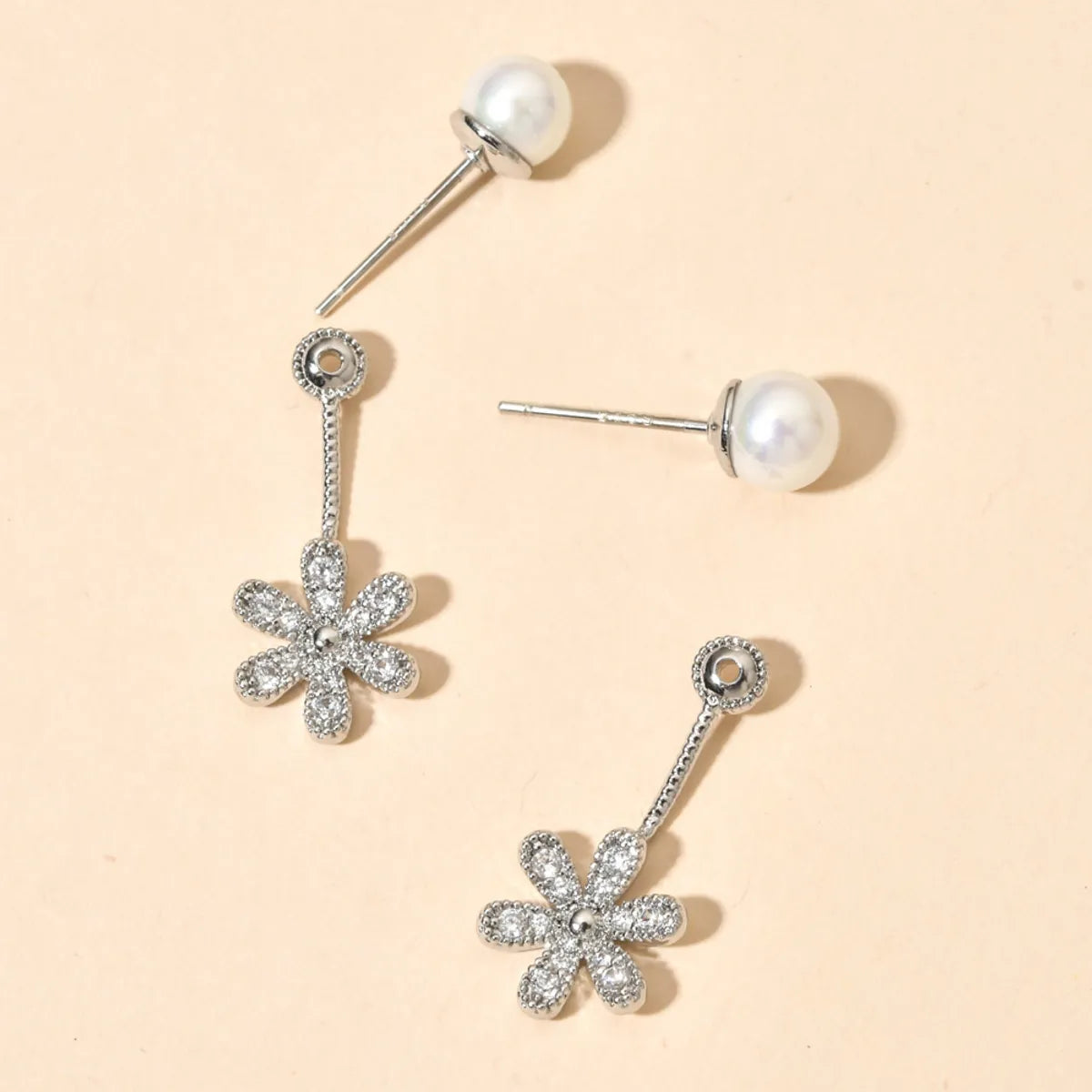 1 Pair Ig Style Simple Style Flower Plating Inlay Copper Artificial Pearls Zircon White Gold Plated Ear Studs