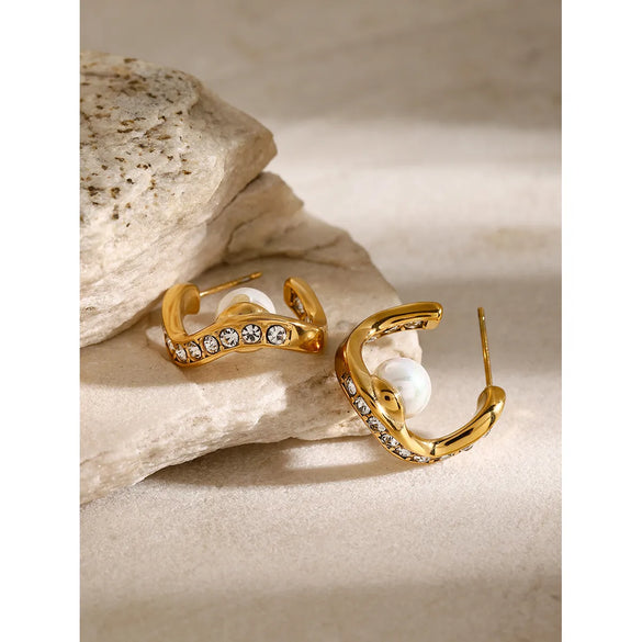 1 Pair IG Style Simple Style Geometric Inlay 316 Stainless Steel  Pearl Zircon 18K Gold Plated Ear Studs