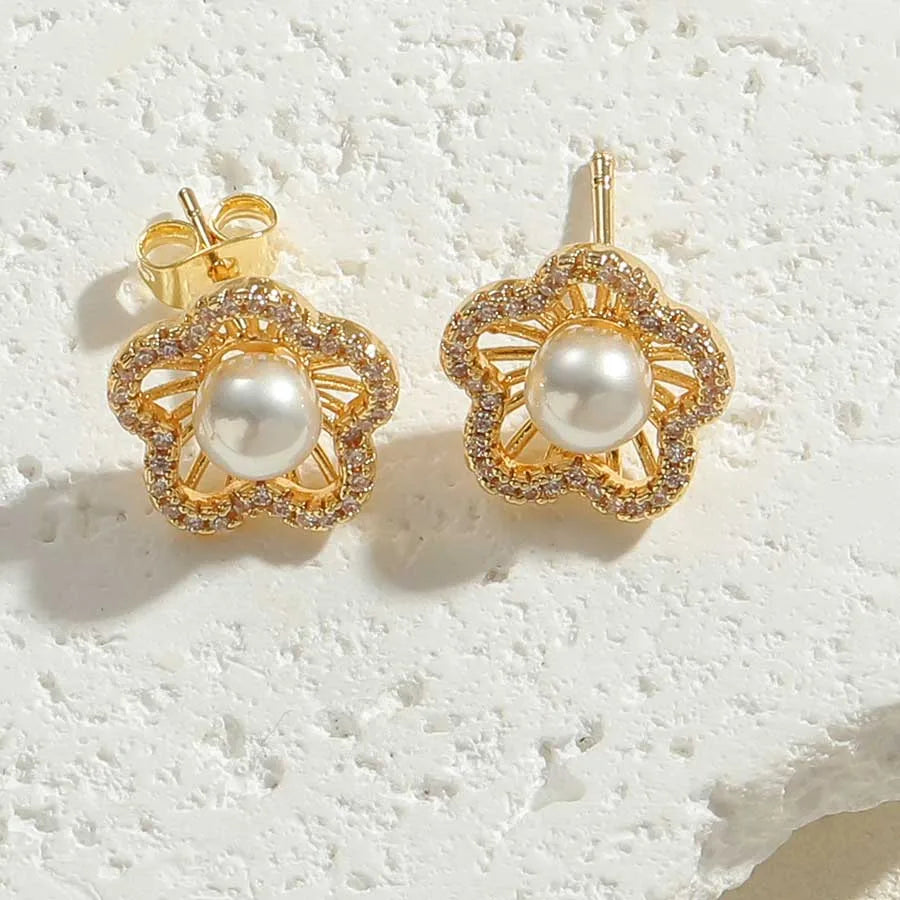 1 Pair Ig Style Simple Style Geometric Plating Inlay Copper Pearl Zircon 14k Gold Plated Earrings