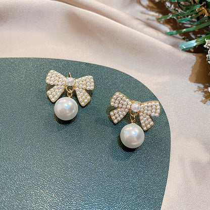 1 Pair IG Style Simple Style Heart Shape Flower Bow Knot Inlay Alloy Artificial Pearls Rhinestones Drop Earrings Earrings Ear Studs