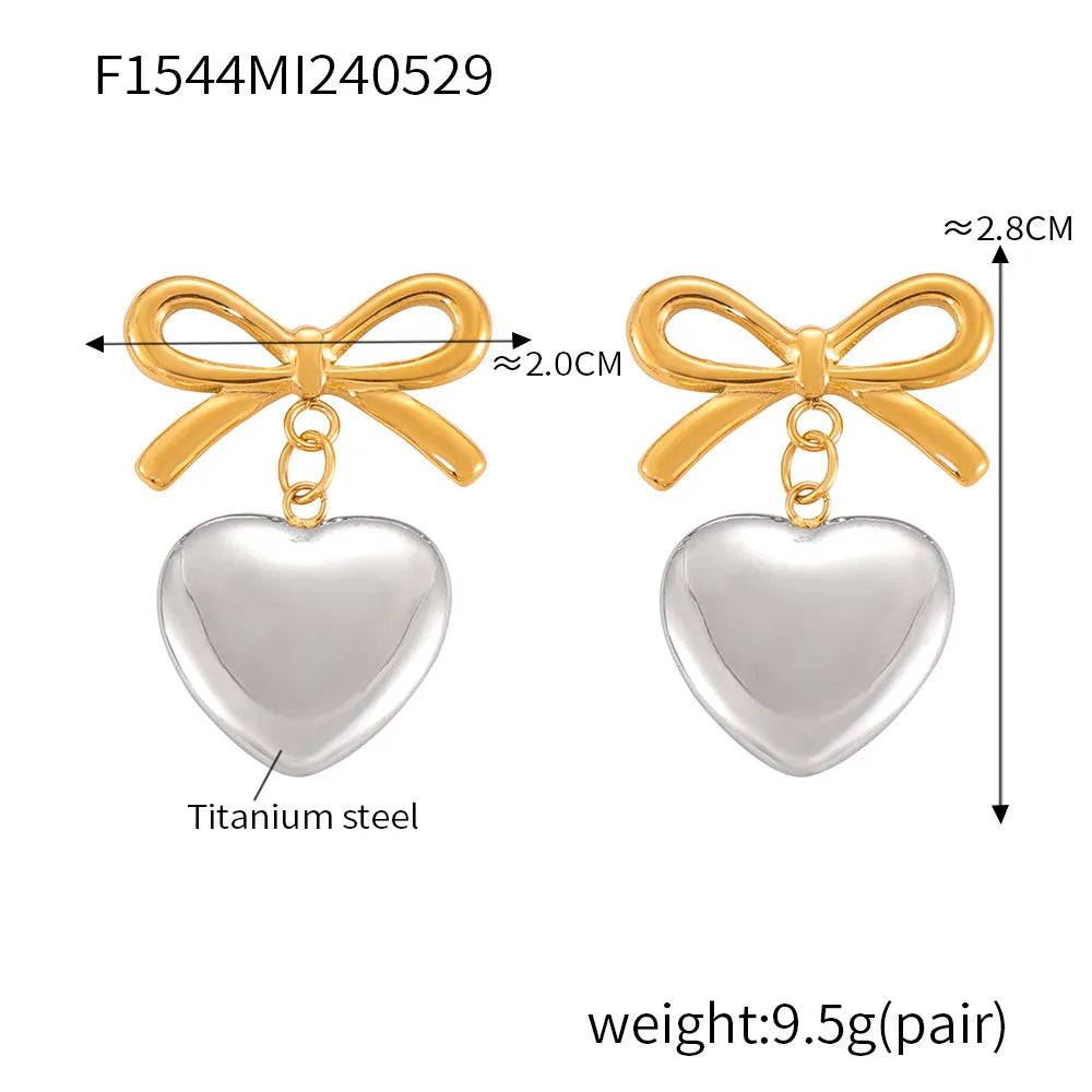 1 Pair IG Style Simple Style Korean Style Heart Shape Bow Knot 304 Stainless Steel 18K Gold Plated Drop Earrings