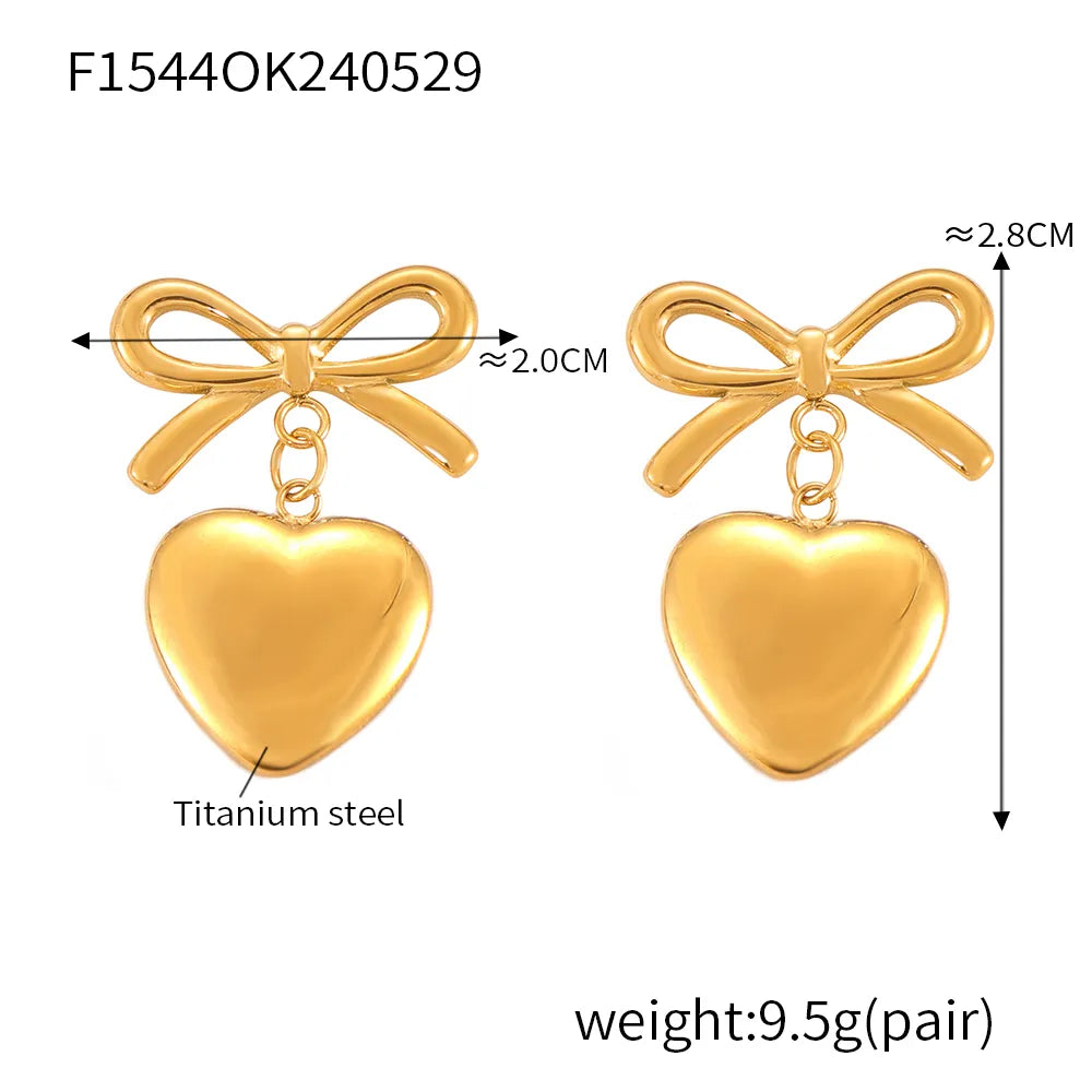 1 Pair IG Style Simple Style Korean Style Heart Shape Bow Knot 304 Stainless Steel 18K Gold Plated Drop Earrings