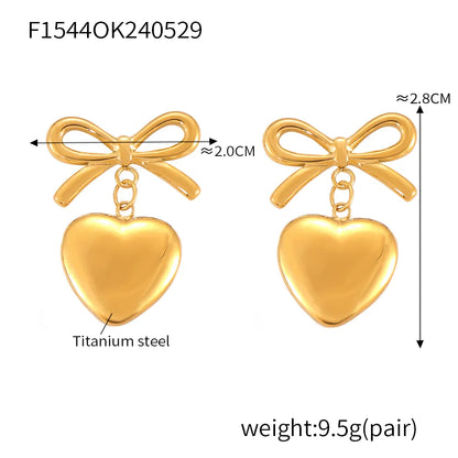 1 Pair IG Style Simple Style Korean Style Heart Shape Bow Knot 304 Stainless Steel 18K Gold Plated Drop Earrings