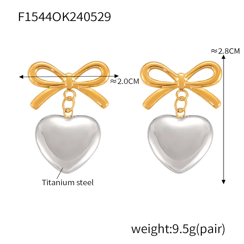 1 Pair IG Style Simple Style Korean Style Heart Shape Bow Knot 304 Stainless Steel 18K Gold Plated Drop Earrings