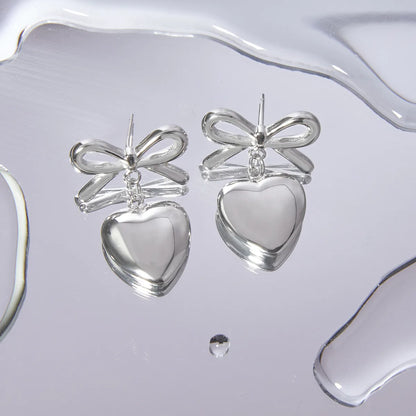 1 Pair IG Style Simple Style Korean Style Heart Shape Bow Knot 304 Stainless Steel 18K Gold Plated Drop Earrings