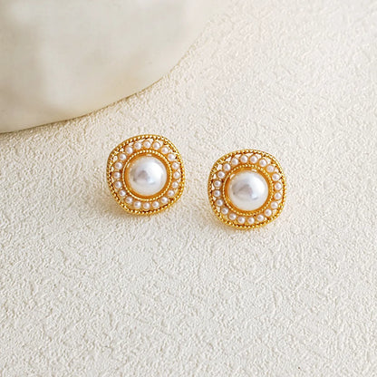 1 Pair IG Style Simple Style Round Inlay Alloy Pearl K Gold Plated Ear Studs