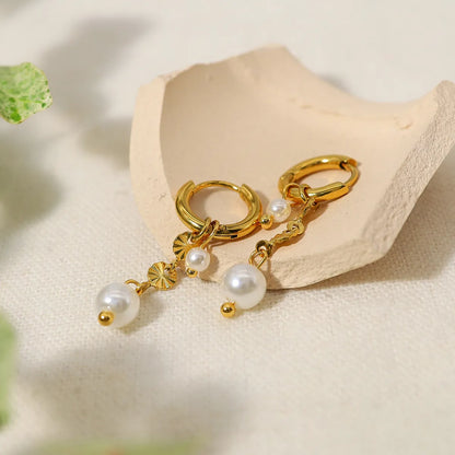 1 Pair Ig Style Simple Style Round Pearl Plating Stainless Steel Titanium Steel 18k Gold Plated Drop Earrings