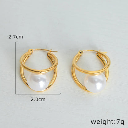 1 Pair Ig Style Simple Style Solid Color Plating Inlay Titanium Steel Pearl 18k Gold Plated Earrings