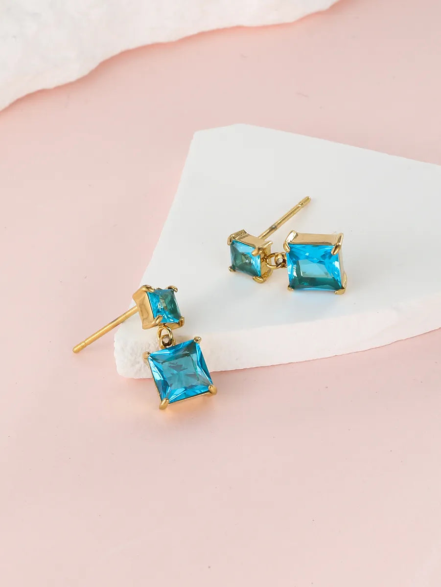 1 Pair Ig Style Simple Style Square Plating Inlay Stainless Steel Zircon 18k Gold Plated Drop Earrings