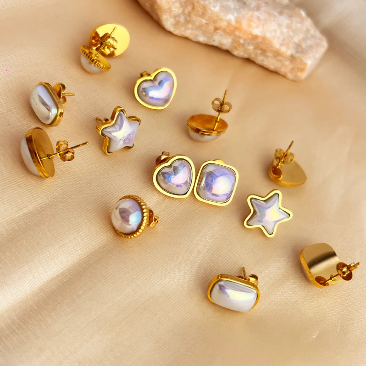 1 Pair IG Style Simple Style Water Droplets Flower Shell Plating Inlay 304 Stainless Steel Opal 18K Gold Plated Ear Studs