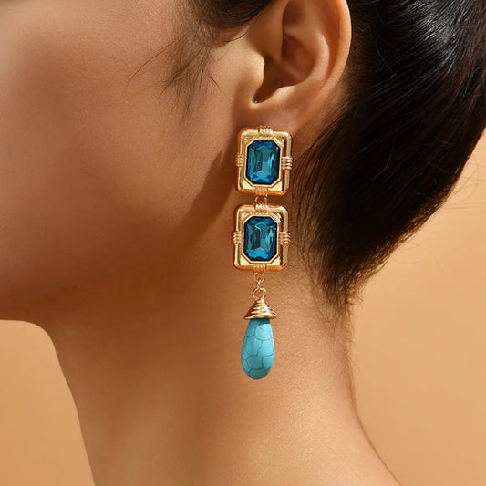 1 Pair IG Style Simple Style Water Droplets Rectangle Inlay Alloy Turquoise Rhinestones Drop Earrings