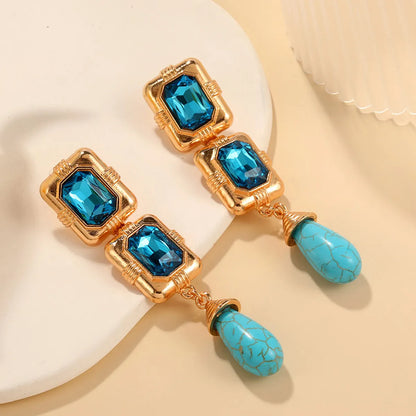 1 Pair IG Style Simple Style Water Droplets Rectangle Inlay Alloy Turquoise Rhinestones Drop Earrings