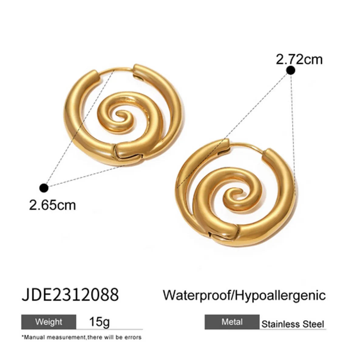 1 Pair IG Style Spiral Circle 304 Stainless Steel 18K Gold Plated Earrings