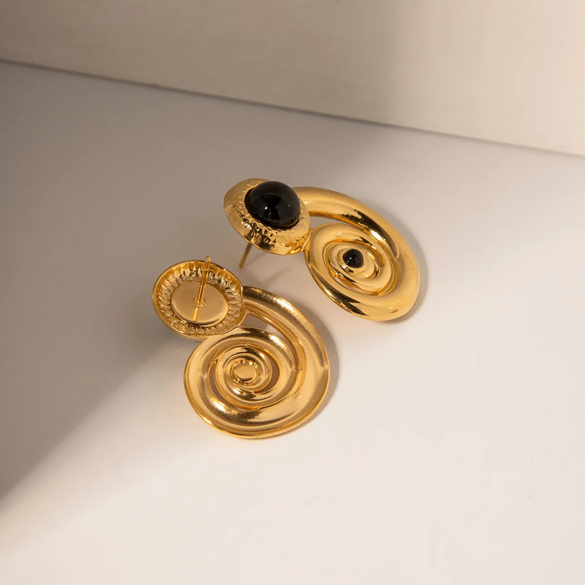 1 Pair Ig Style Spiral Stripe Plating Inlay Stainless Steel Natural Stone 18k Gold Plated Ear Studs