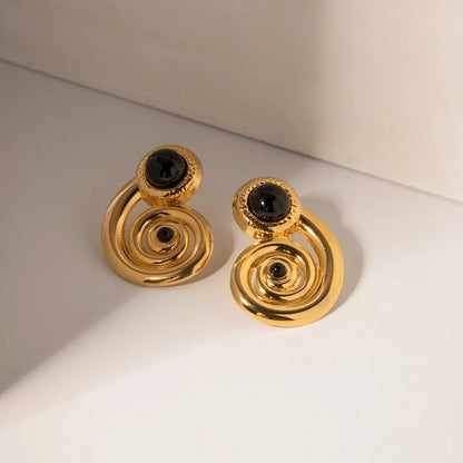 1 Pair Ig Style Spiral Stripe Plating Inlay Stainless Steel Natural Stone 18k Gold Plated Ear Studs