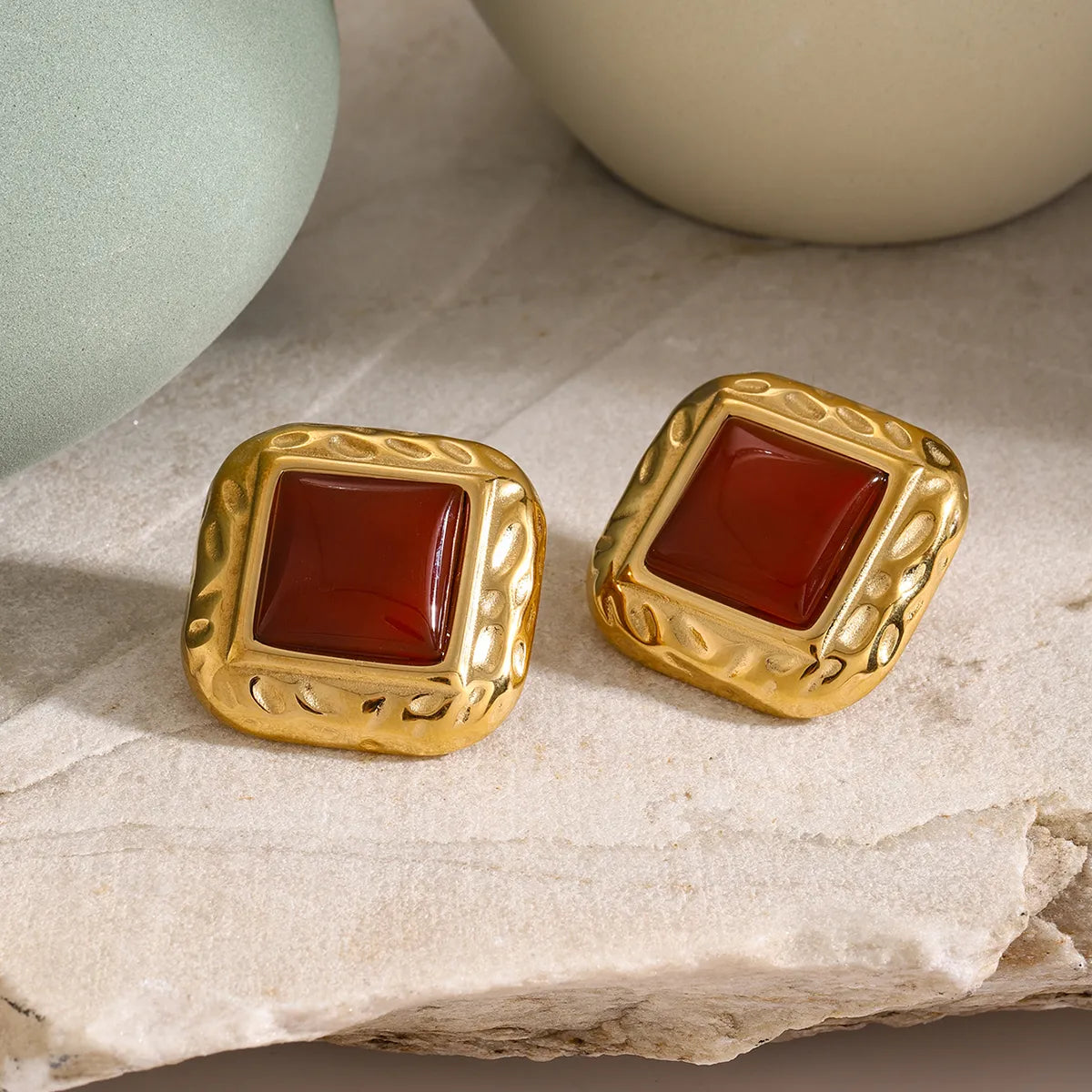 1 Pair IG Style Square Inlay 316 Stainless Steel  Agate 18K Gold Plated Ear Studs