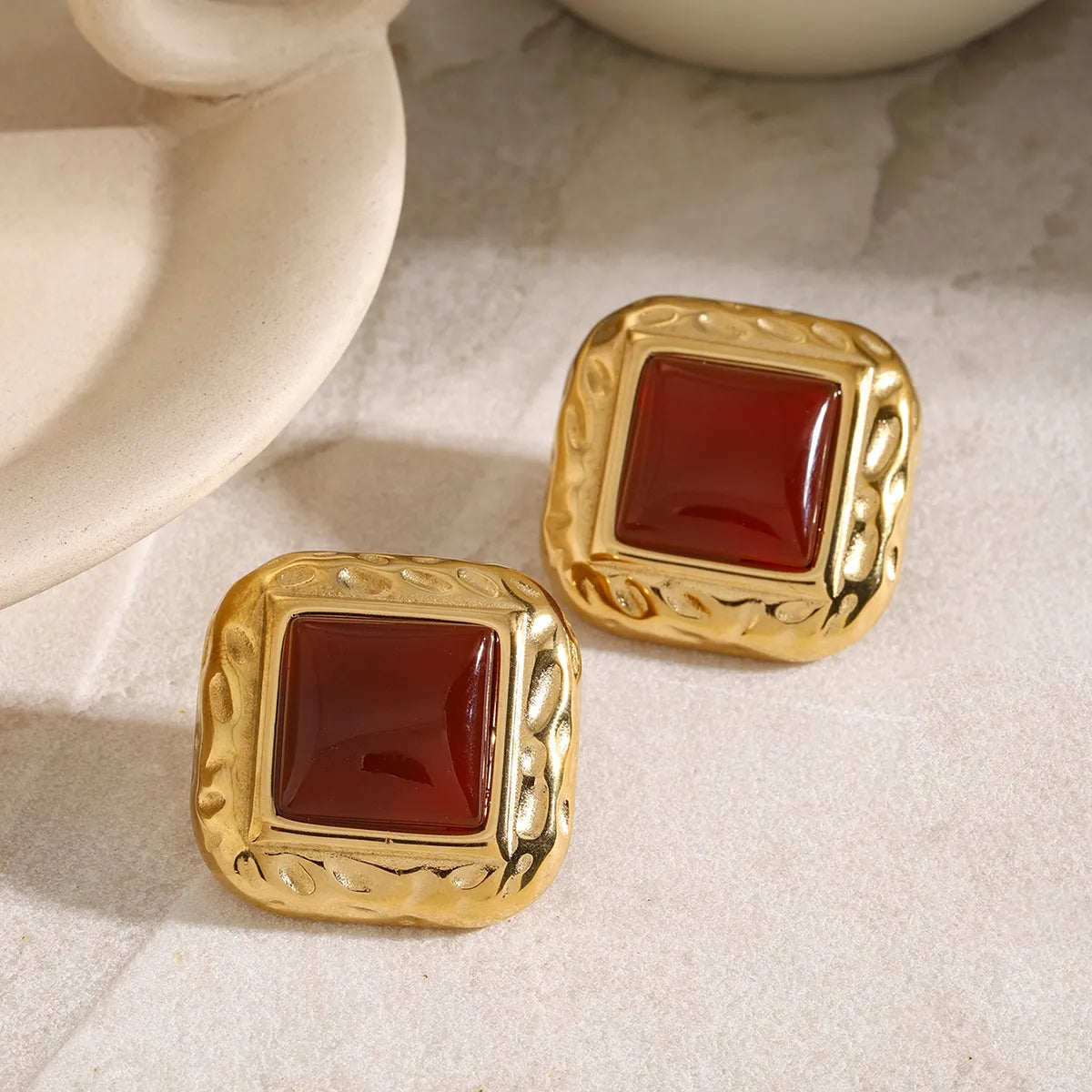 1 Pair IG Style Square Inlay 316 Stainless Steel  Agate 18K Gold Plated Ear Studs