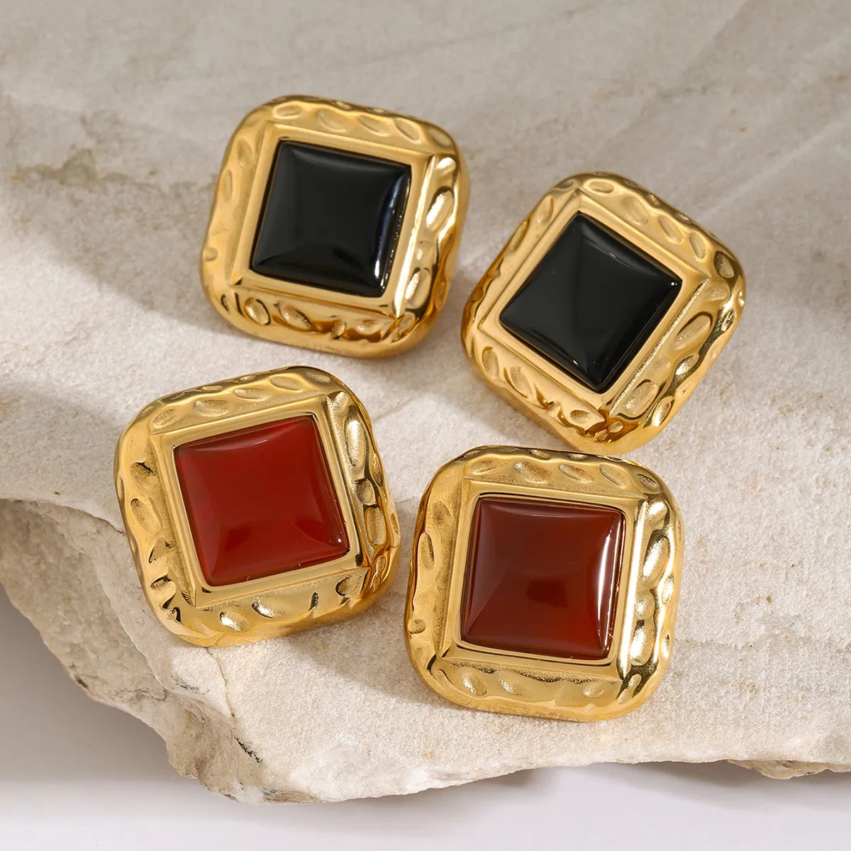 1 Pair IG Style Square Inlay 316 Stainless Steel  Agate 18K Gold Plated Ear Studs