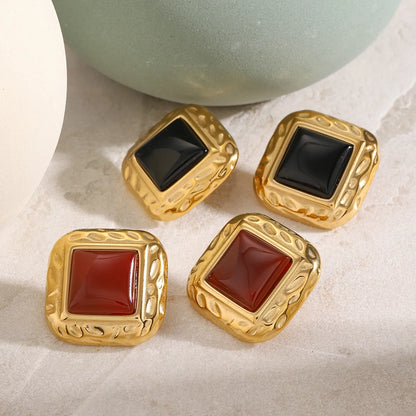 1 Pair IG Style Square Inlay 316 Stainless Steel  Agate 18K Gold Plated Ear Studs