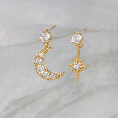 1 Pair Ig Style Star Moon Asymmetrical Plating Inlay Copper Zircon 18k Gold Plated Drop Earrings