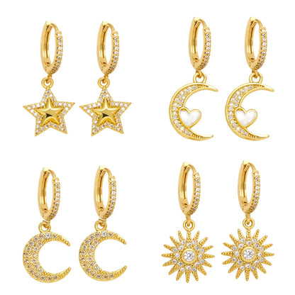 1 Pair Ig Style Streetwear Sun Star Moon Plating Inlay Copper Zircon 18k Gold Plated Drop Earrings