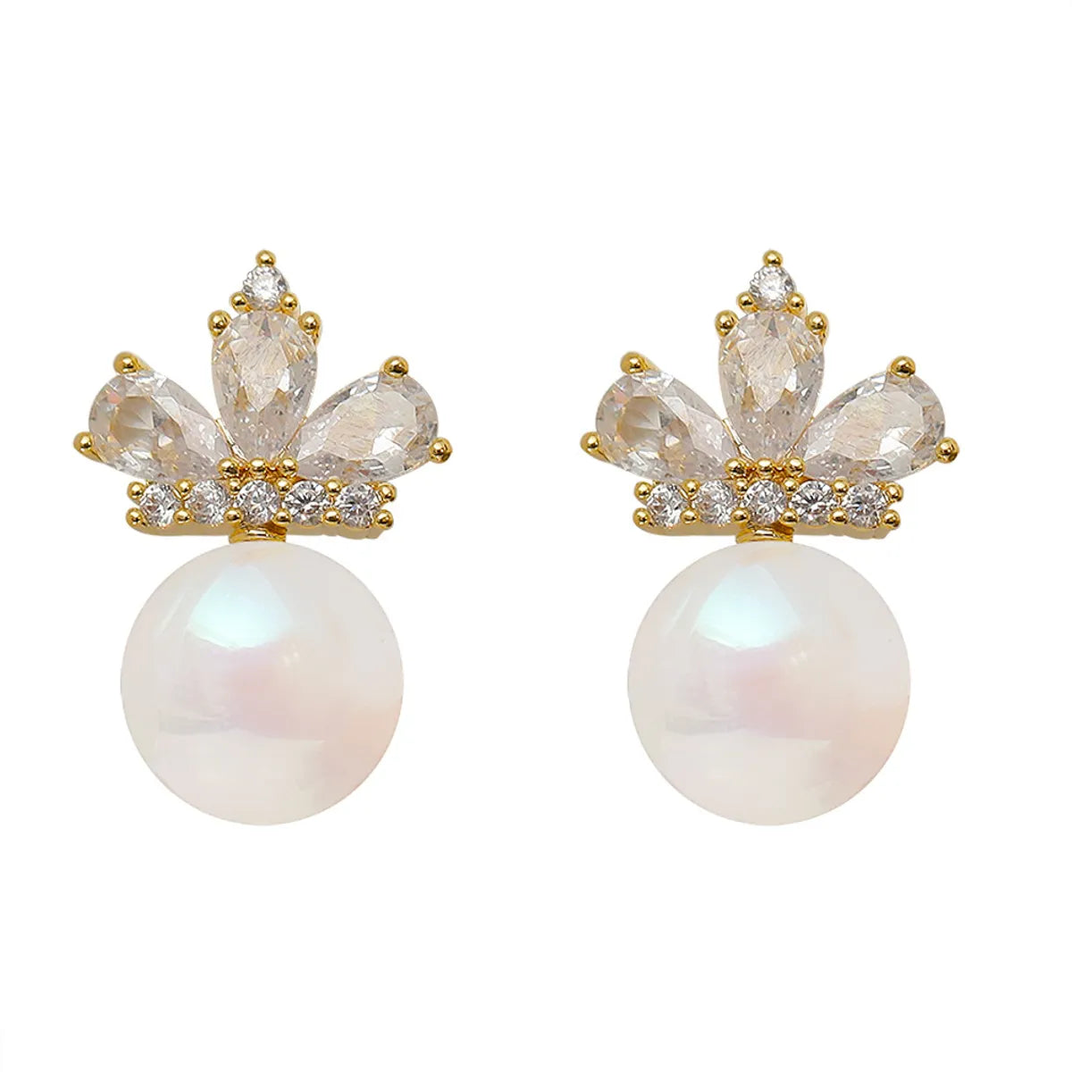 1 Pair IG Style Sweet Crown Inlay Copper Artificial Pearls Zircon 18K Gold Plated Drop Earrings