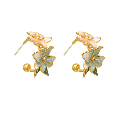 1 Pair IG Style Sweet Flower Enamel Copper 18K Gold Plated Ear Studs