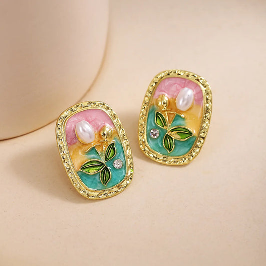 1 Pair IG Style Sweet Flower Enamel Inlay Zinc Alloy Rhinestones Pearl Ear Studs