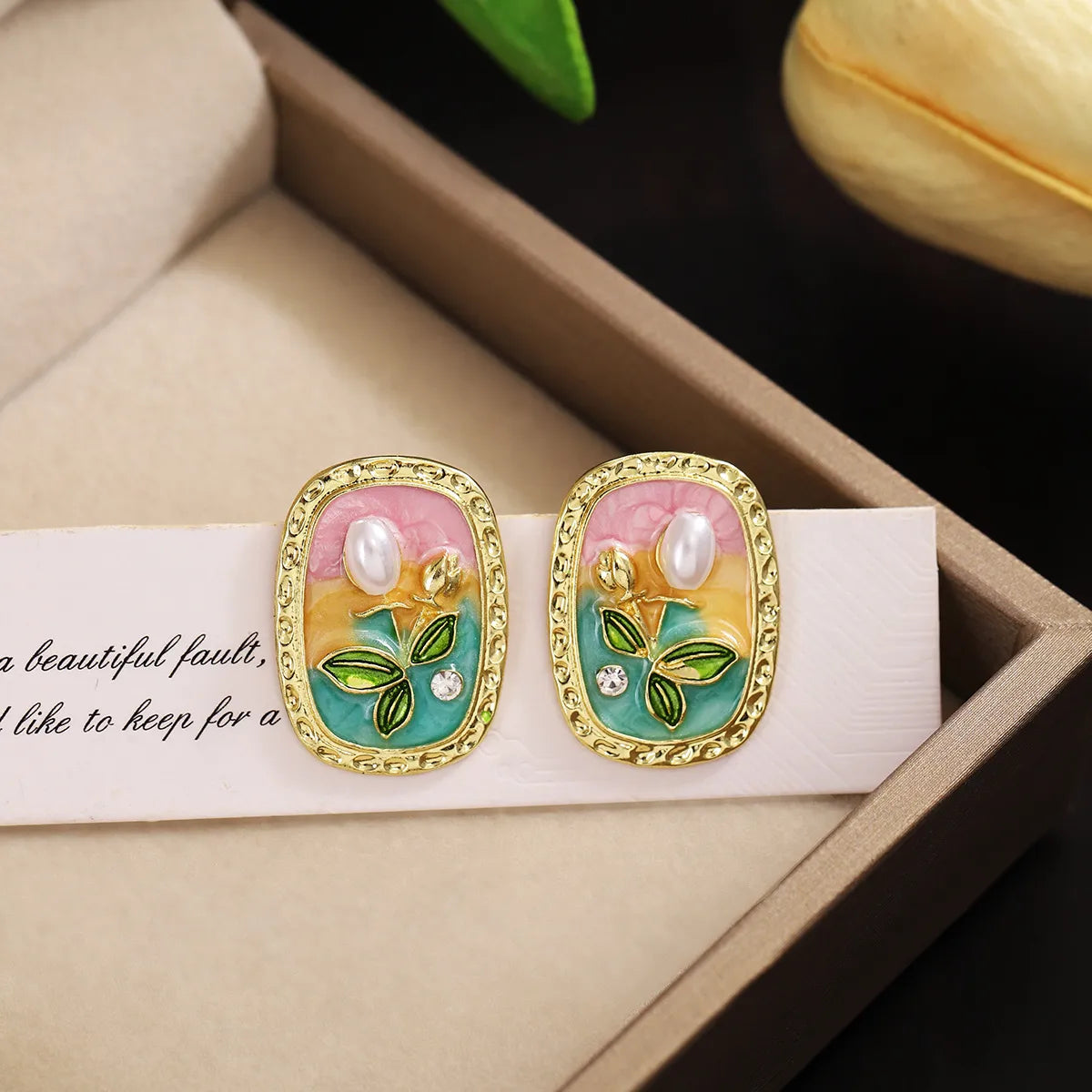 1 Pair IG Style Sweet Flower Enamel Inlay Zinc Alloy Rhinestones Pearl Ear Studs