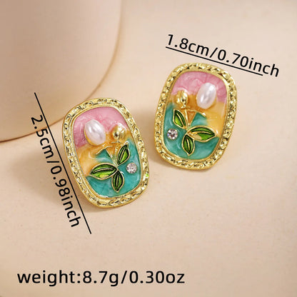 1 Pair IG Style Sweet Flower Enamel Inlay Zinc Alloy Rhinestones Pearl Ear Studs