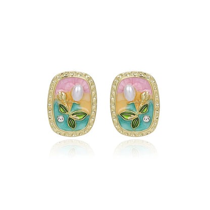 1 Pair IG Style Sweet Flower Enamel Inlay Zinc Alloy Rhinestones Pearl Ear Studs