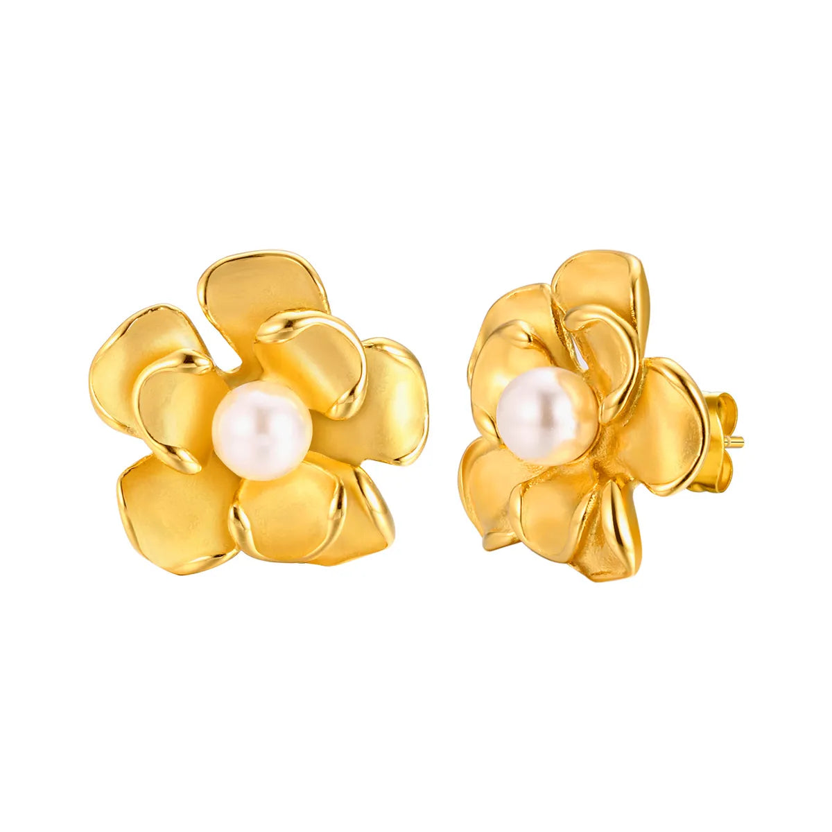 1 Pair IG Style Sweet Flower Inlay 201 Stainless Steel Artificial Pearls 18K Gold Plated Ear Studs