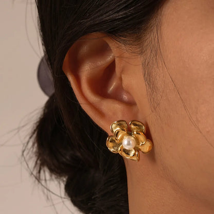 1 Pair IG Style Sweet Flower Inlay 201 Stainless Steel Artificial Pearls 18K Gold Plated Ear Studs