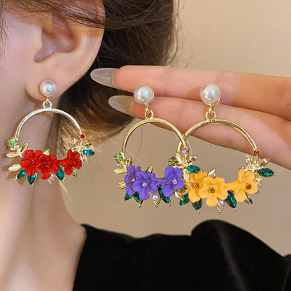 1 Pair IG Style Sweet Flower Inlay Alloy Imitation Pearl Rhinestones Drop Earrings