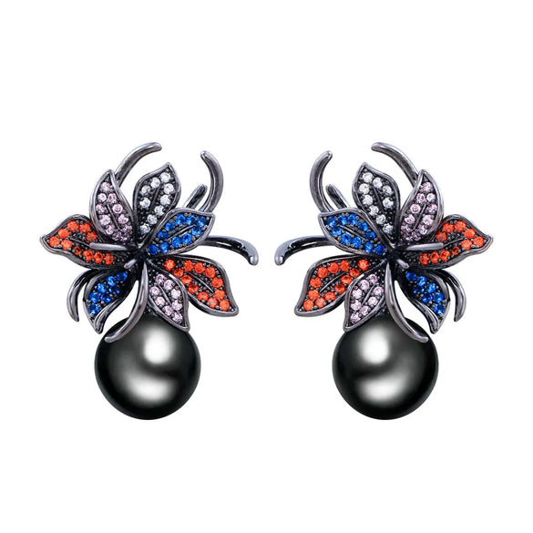 1 Pair IG Style Sweet Flower Inlay Copper Artificial Pearls Zircon White Gold Plated Drop Earrings