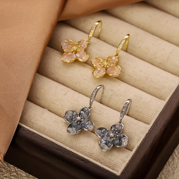 1 Pair IG Style Sweet Flower Inlay Copper Crystal Zircon 14K Gold Plated Drop Earrings