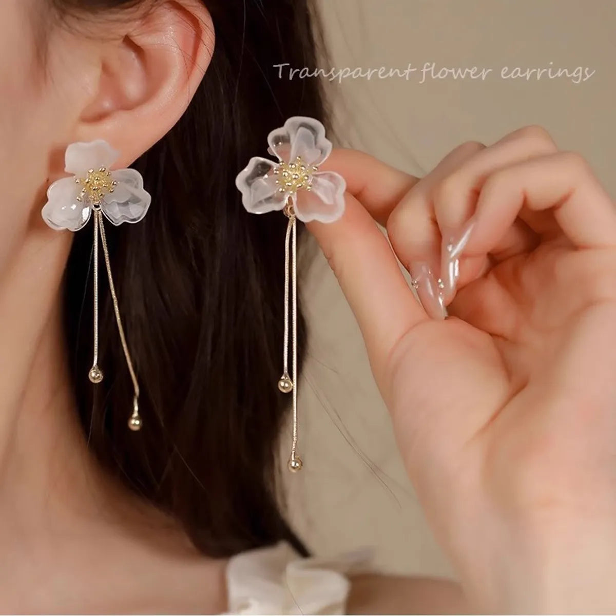 1 Pair IG Style Sweet Flower Petal Butterfly Beaded Tassel Inlay Alloy Rhinestones Drop Earrings