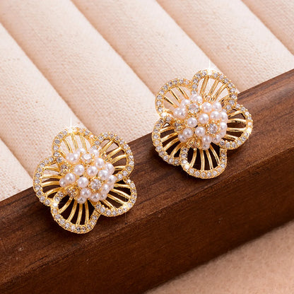 1 Pair Ig Style Sweet Flower Plating Inlay Copper Pearl Zircon 14k Gold Plated Ear Studs